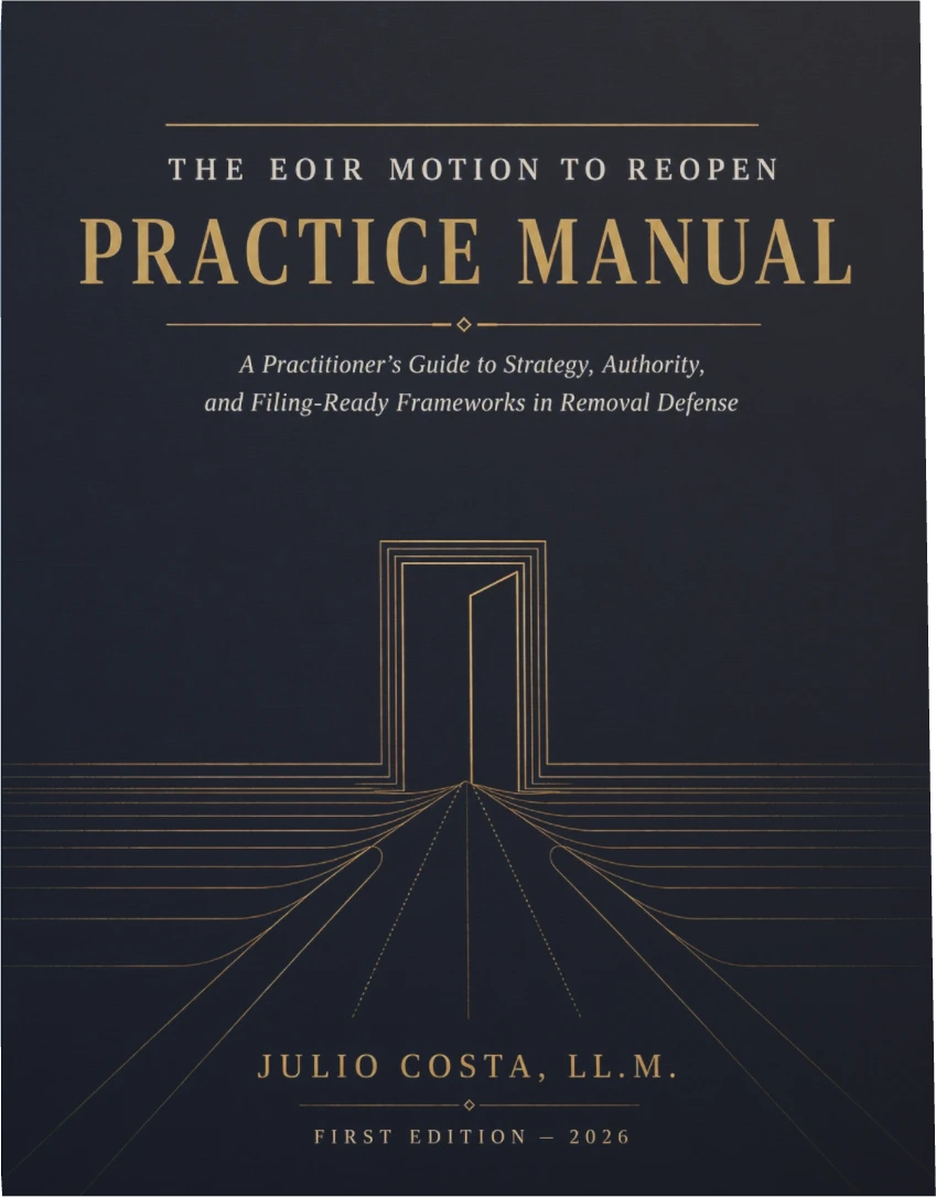 Hardcover of The EOIR Motion to Reopen Practice Manual, navy cloth with gilt lettering